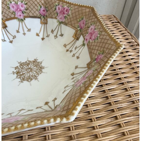Antique 1920s Nippon Serving Bowl Hand Painted Gold Roses Floral - Picture 9 of 16
